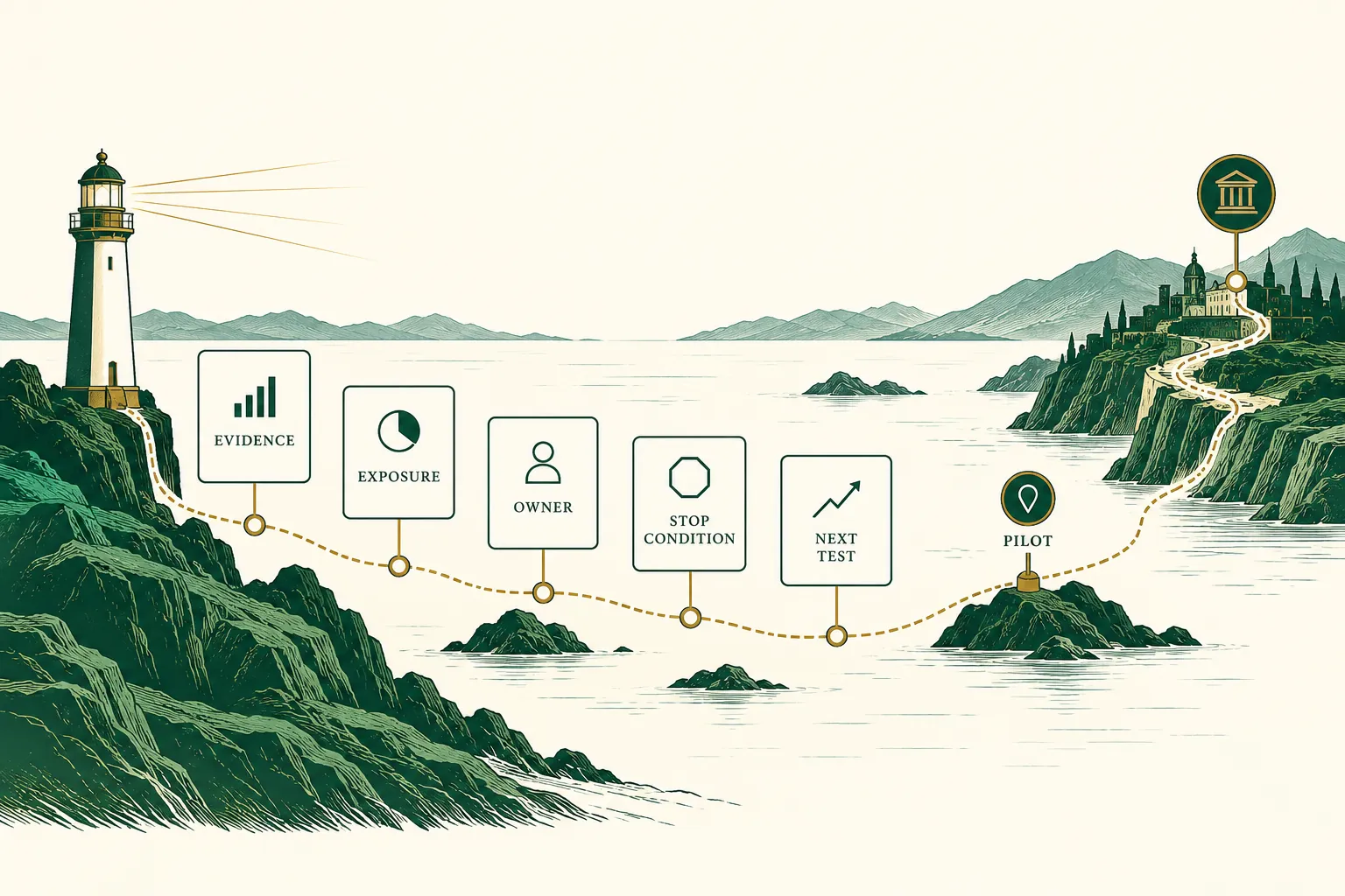 Decision map from a lighthouse through evidence, exposure, owner, stop condition and next test to a pilot and market decision.